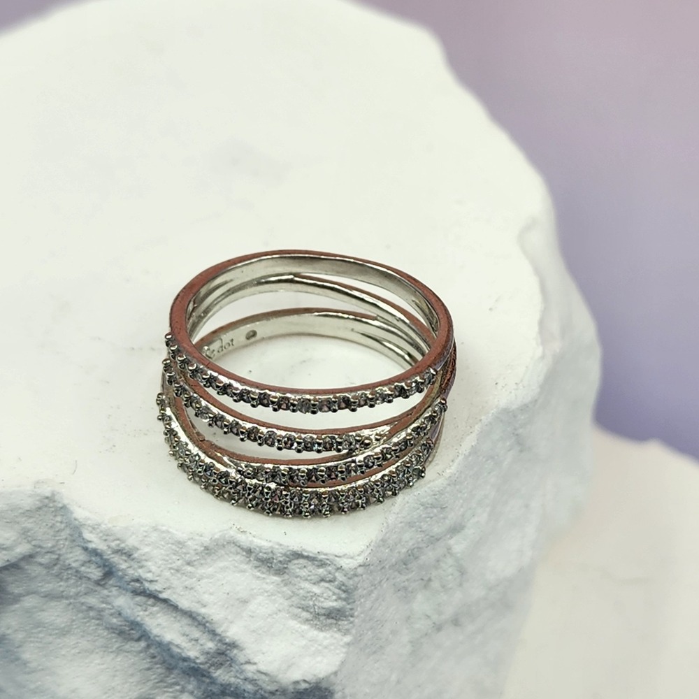Stella & Dot Silver Tone Crystal Multi Row Statement Ring Size 8 Modern Glam